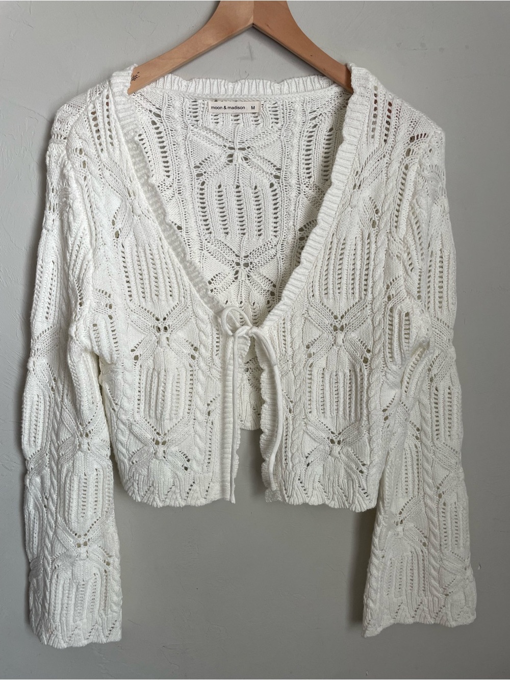 Moon & Madison White Crochet Knit Tie-Front Cardigan with long flared sleeves